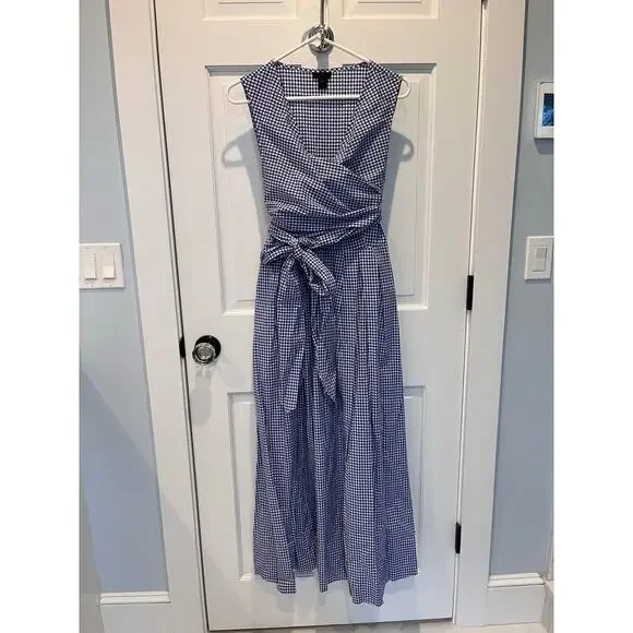 J. Crew Collection Thomas Mason Gingham Dress Navy Bow Wrap Dress 14 - Picture 3 of 12